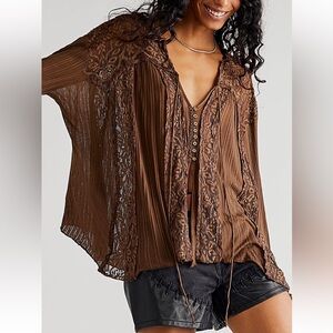 Free People Georgia Tunic Brown Lace Blouse